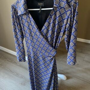 Laundry By Shelli Segal Geometric Blue and Gold Long Sleeve Dress